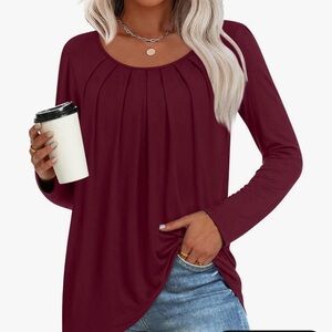 Women’s Long Sleeve Pleated Round Neck Top - Burgundy
